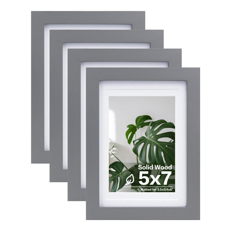 Egofine 5x7 Picture Frames 4 Pack Covered by Plexiglass for Picture 4x6 with Mat or 5x7 whitout Mat Made of Solid Wood for Table Top Display and Wall Mounting Photo Frame, Dark Gray - Image 1